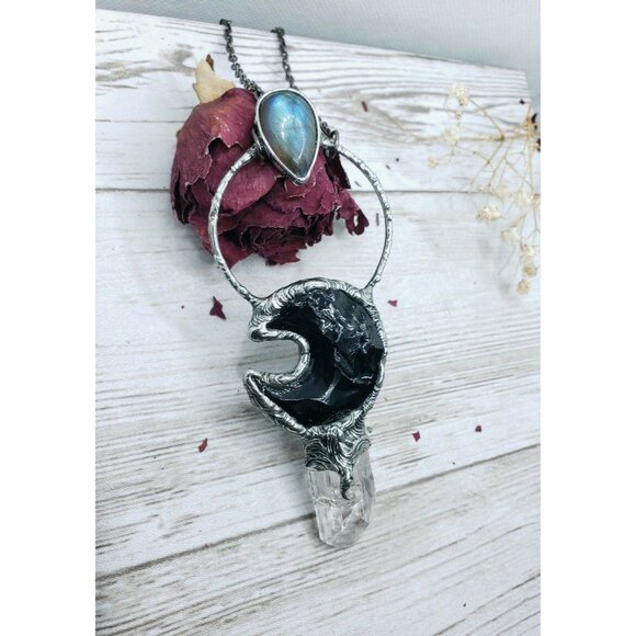 Labadorite and Obsidian Crystal Moon and kunzite crystal statement necklace - Picture 3 of 12